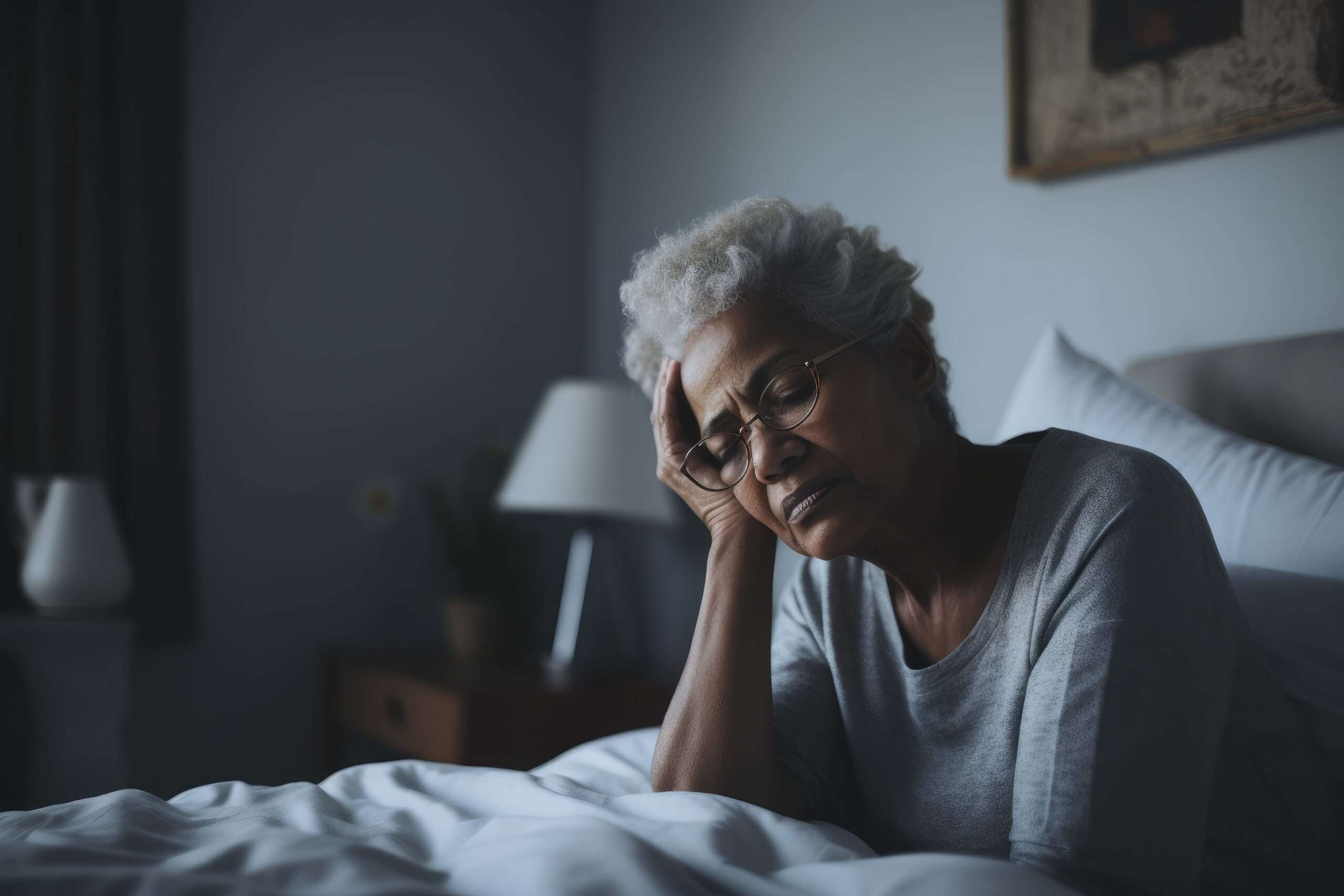 Senior woman having a headache and feeling sick in the bedroom at home